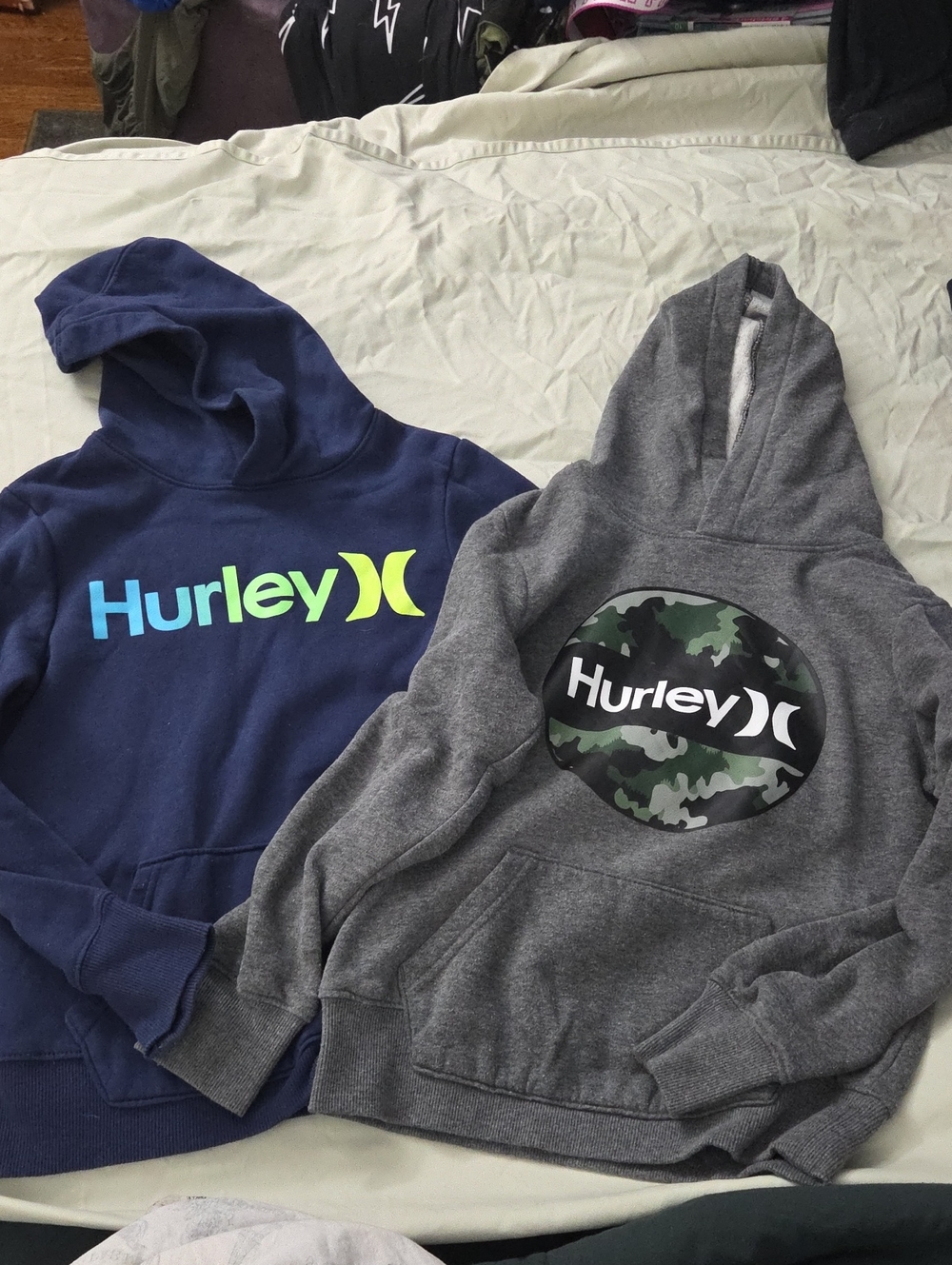 Hurley Youth Hoodies - Navy Blue & Heather Gray w/ Camouflage Logo - Size 7/8